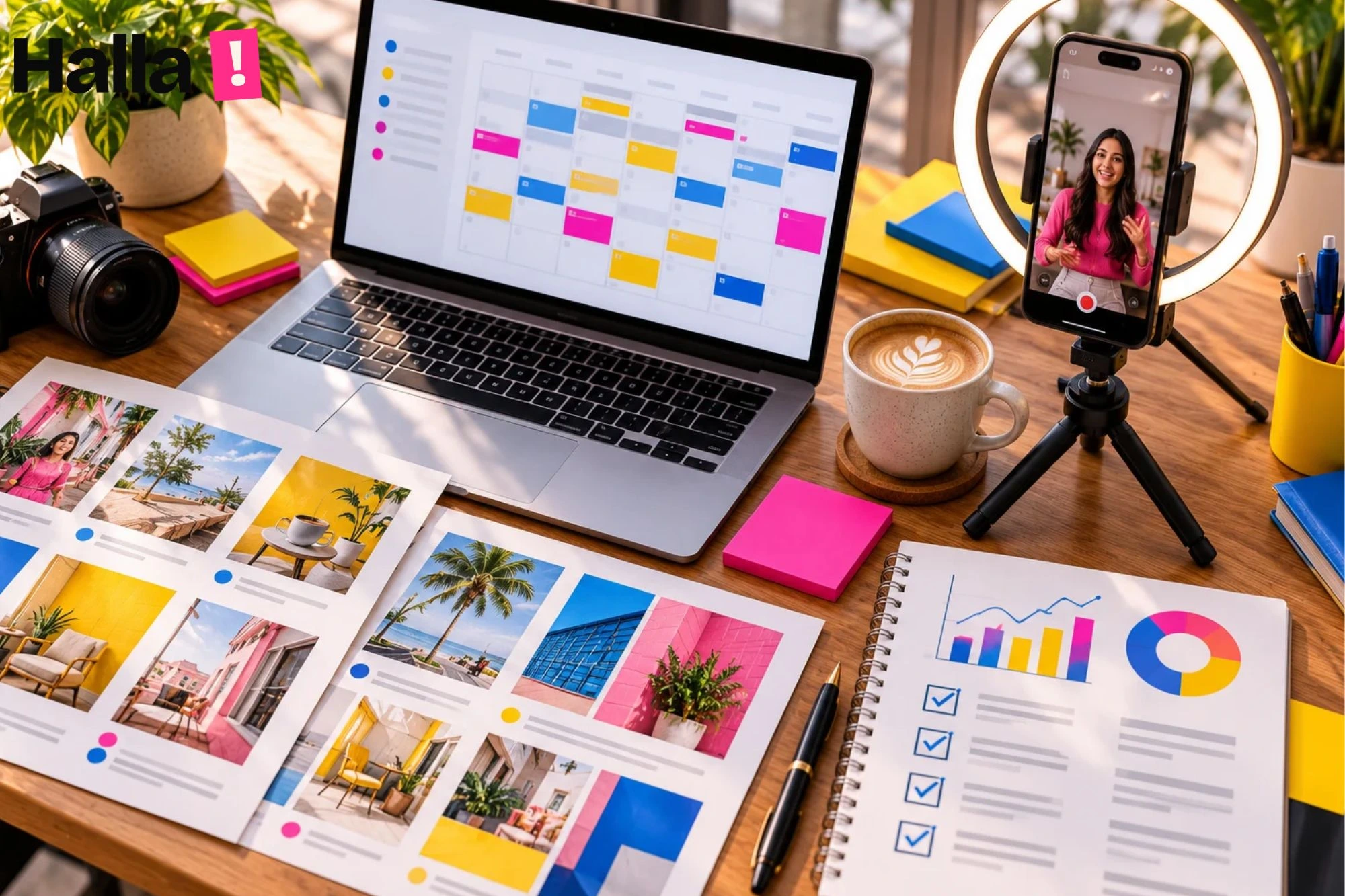 Creative studio desk with a laptop showing a content calendar, a phone filming a short reel, printed carousel layouts and a ring light