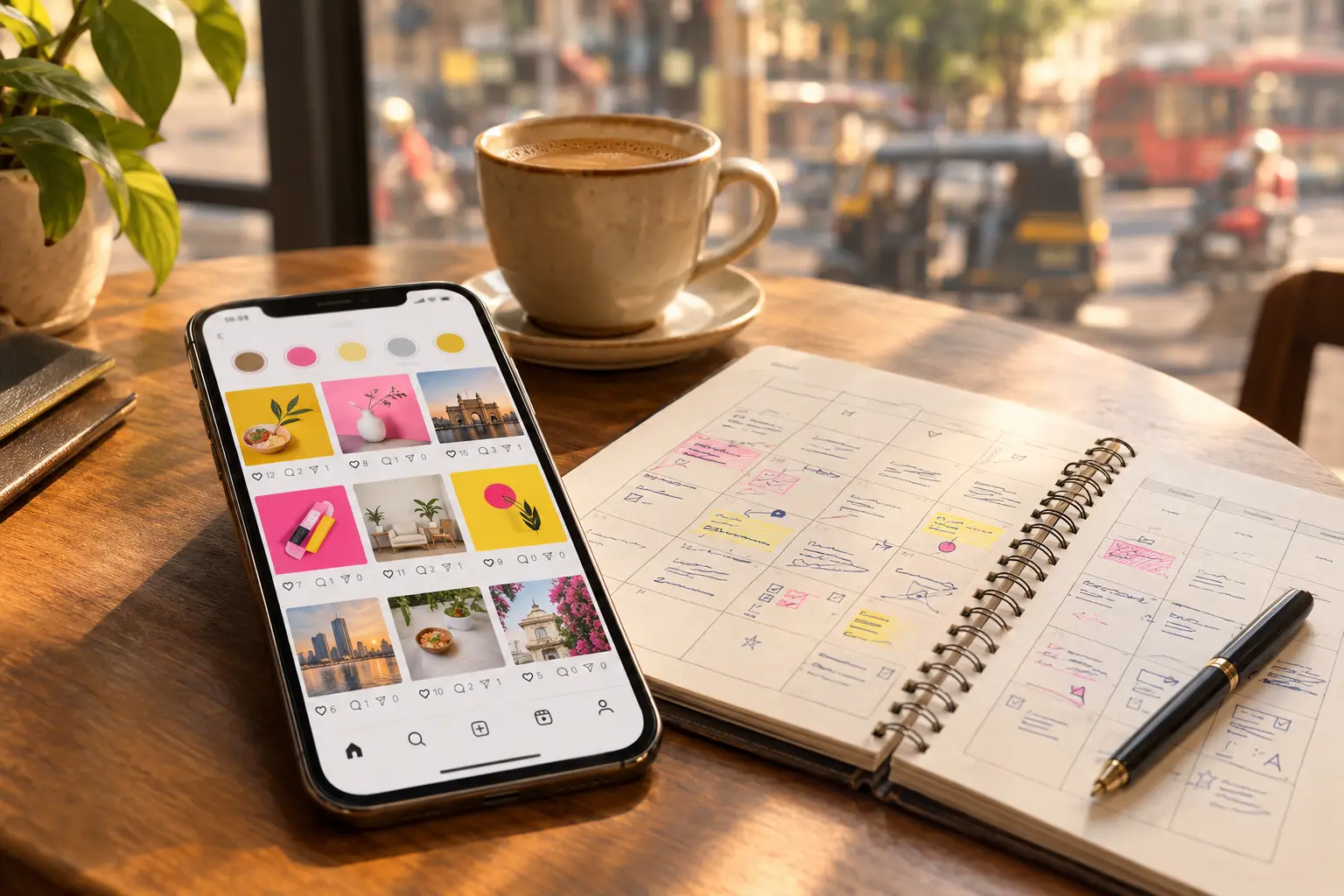 Smartphone showing a social feed of colourful posts with very little engagement, beside a content planner notebook