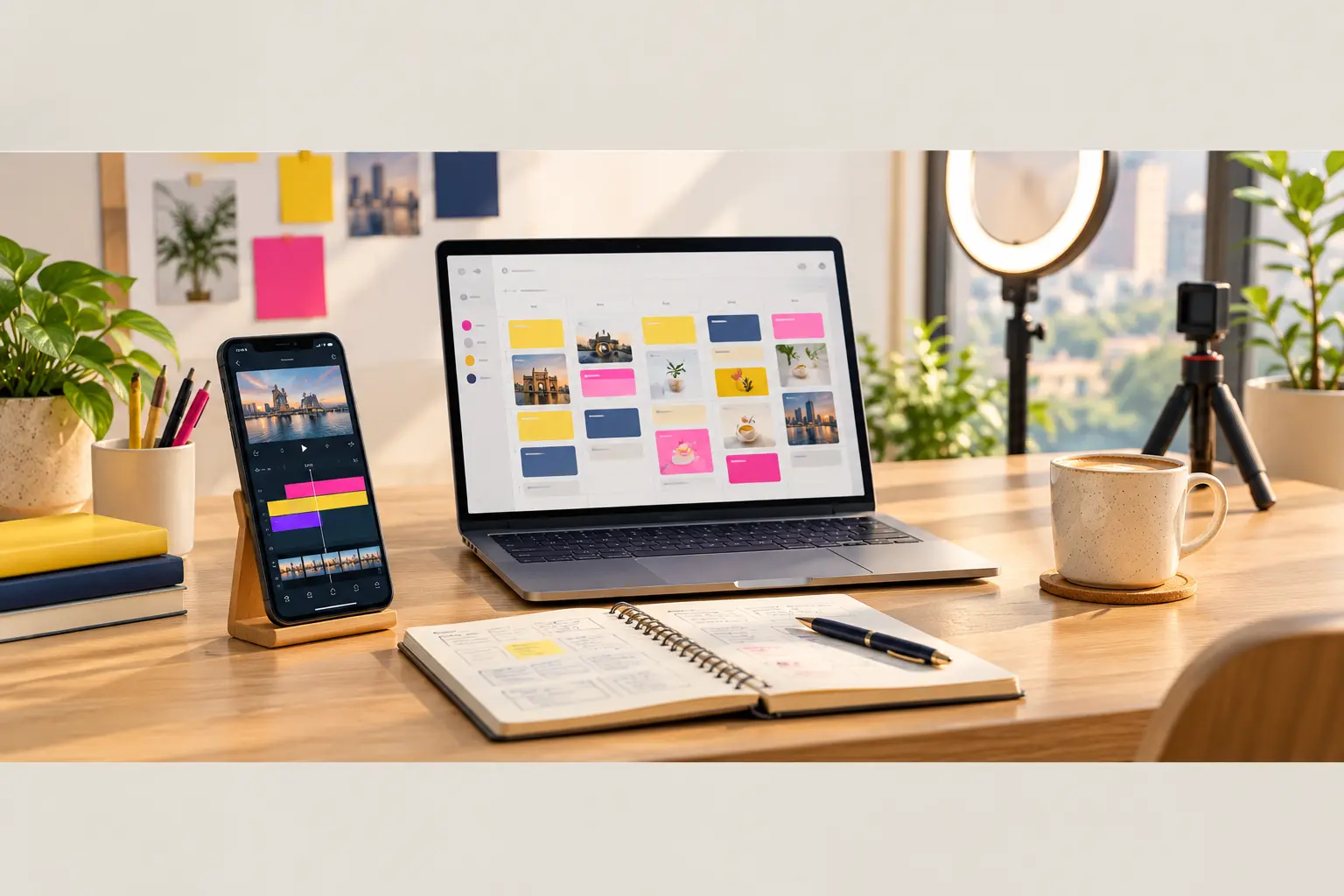 Workspace with a phone showing a video editing timeline, a laptop with a content calendar and a ring light