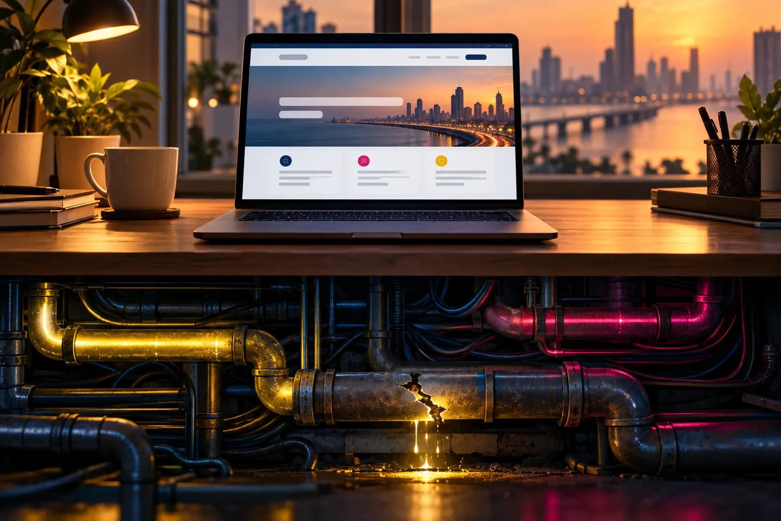 Laptop showing a polished web page with a cutaway beneath it revealing glowing pipes, one of them cracked and blocked
