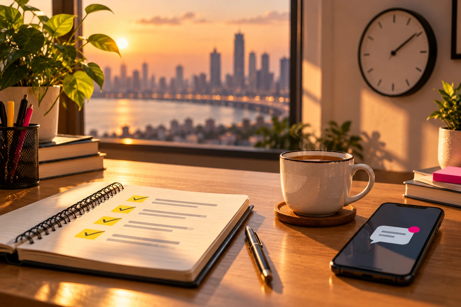 Tidy studio desk with a notebook checklist, a phone showing a received reply and a wall clock