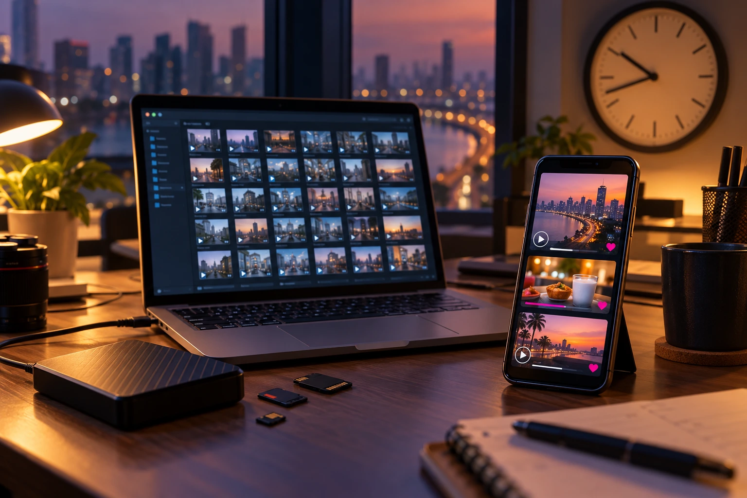 Unused raw footage on a hard drive and laptop, beside a phone showing a competitor's polished video feed