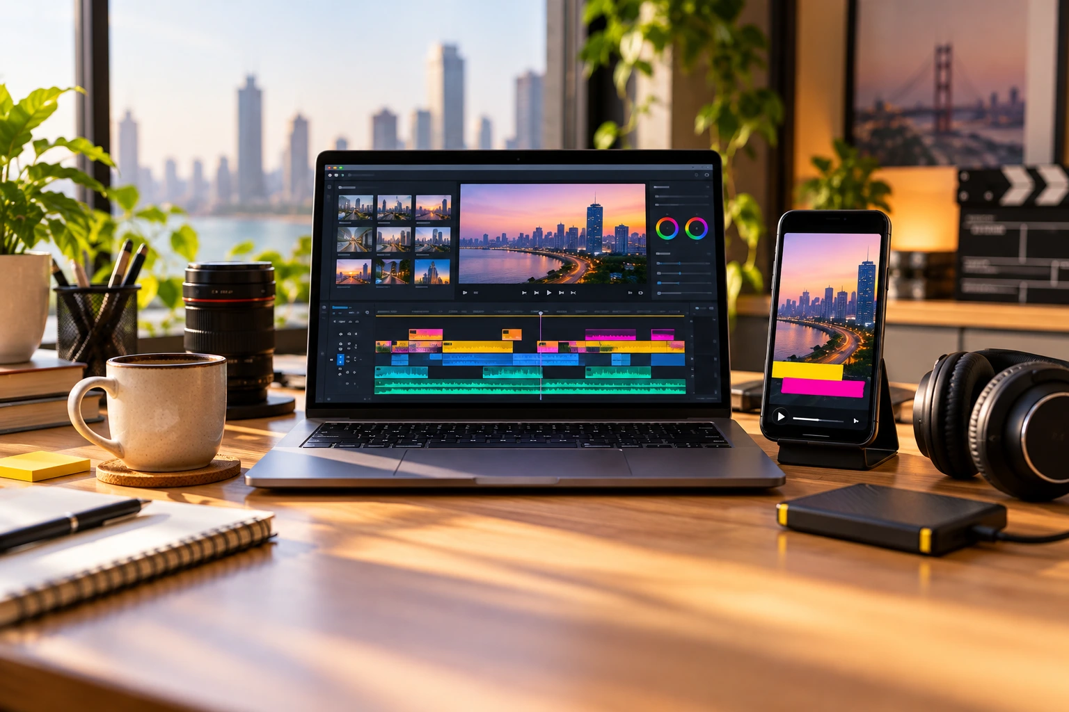 Editing desk with a laptop showing a video timeline, a phone with a vertical video and headphones