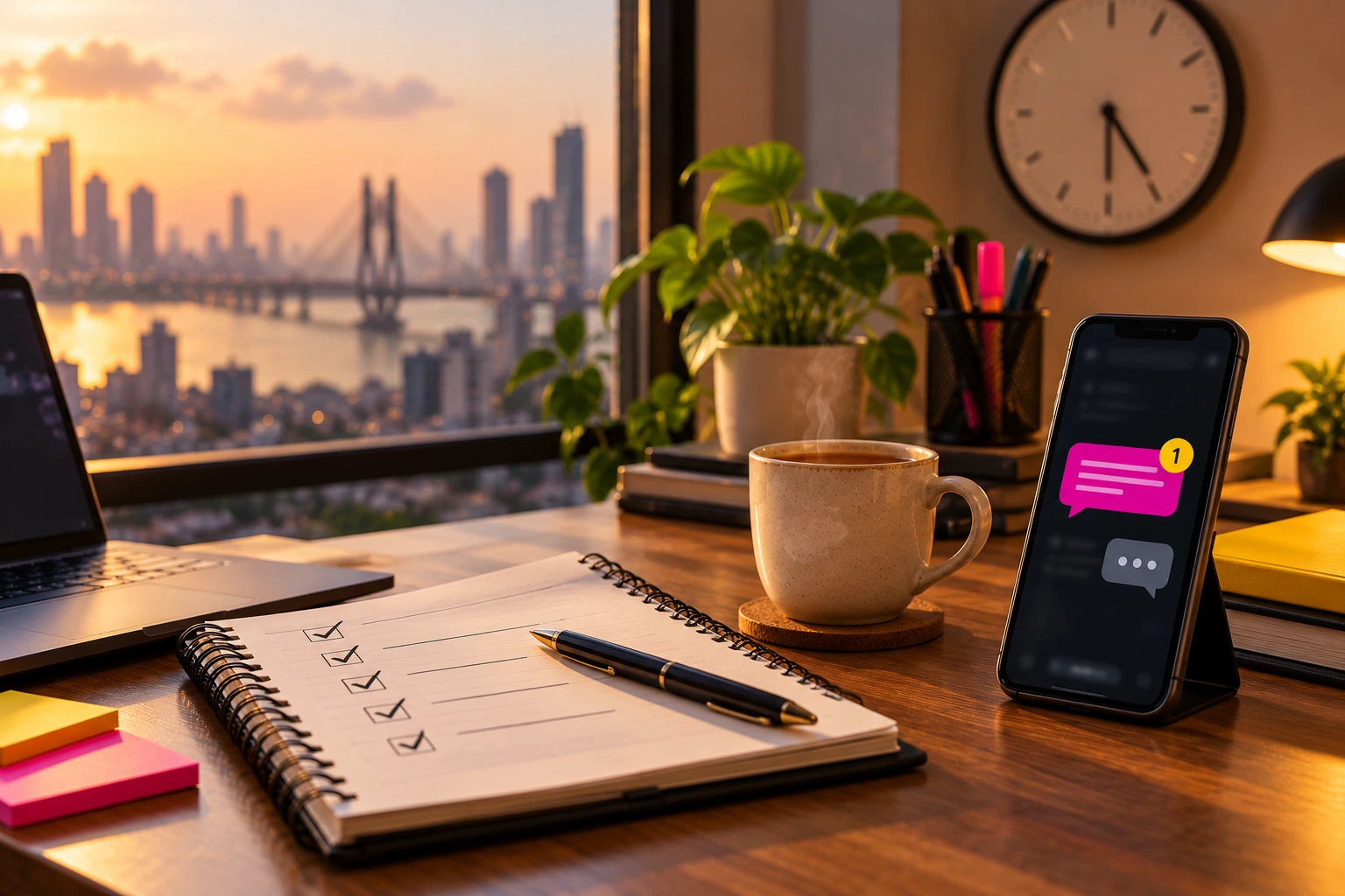 Tidy studio desk with a notebook checklist, a phone showing a received reply and a wall clock