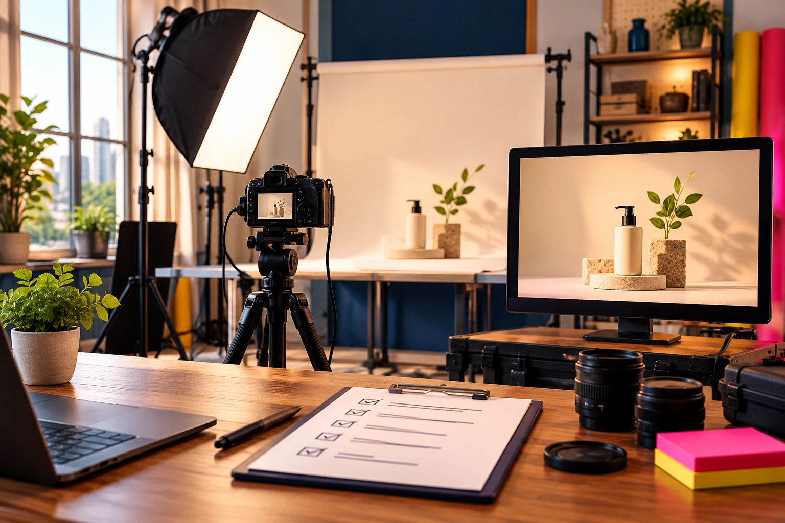Production desk with a shot list, a camera on a tripod, a product on a small set and a monitor showing a framed shot