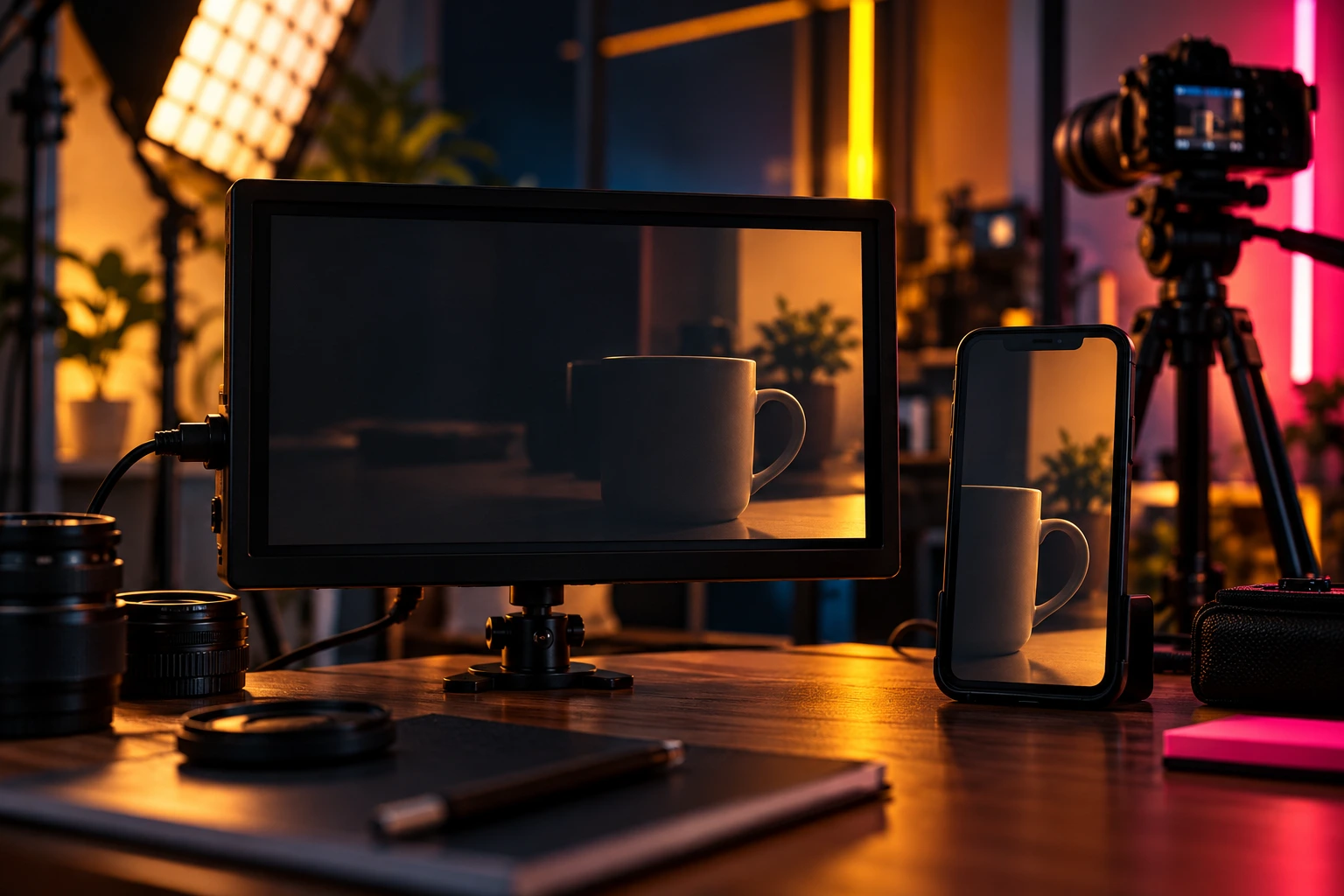 Camera monitor showing a dim, badly framed product shot beside a phone where the subject is cut off in vertical format