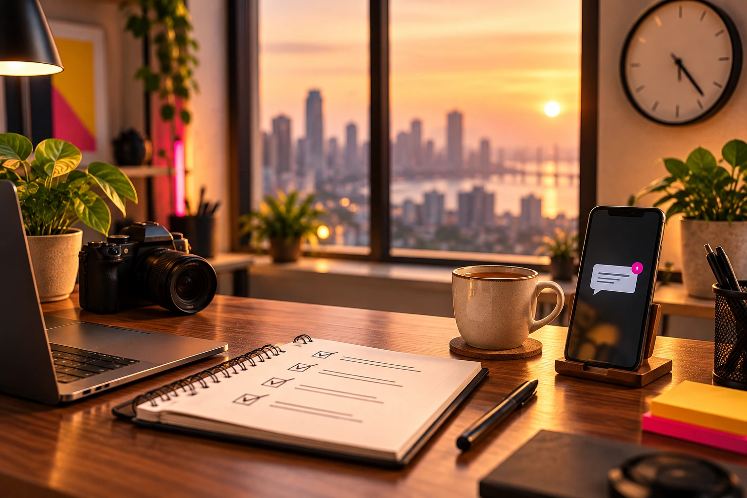 Tidy studio desk with a notebook checklist, a phone showing a received reply and a wall clock