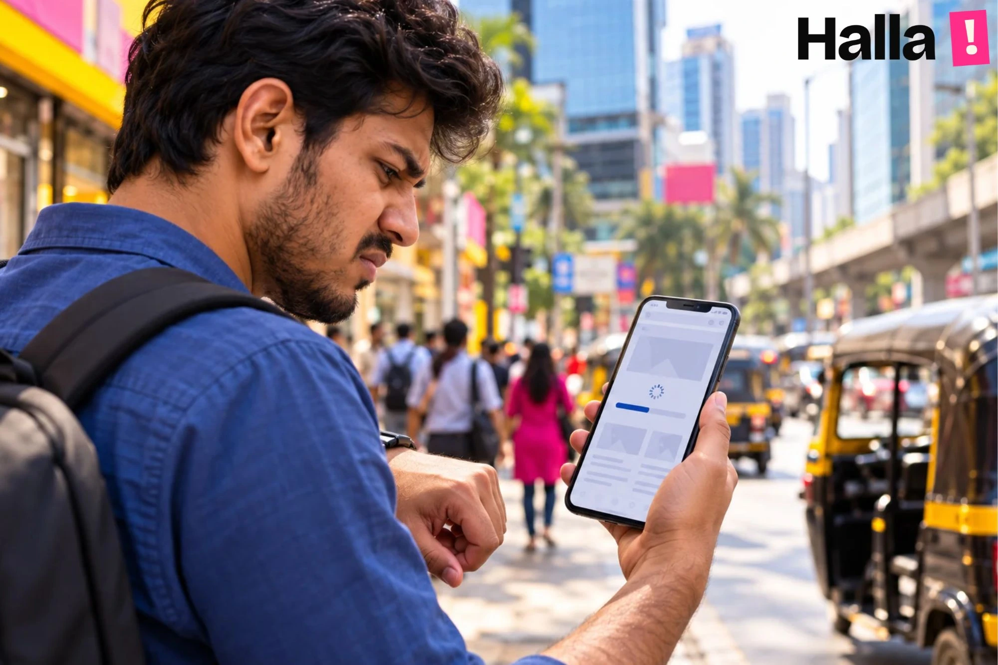 Person on a busy Andheri street looking at a slow loading website on a phone, with office buildings and shops softly blurred behind