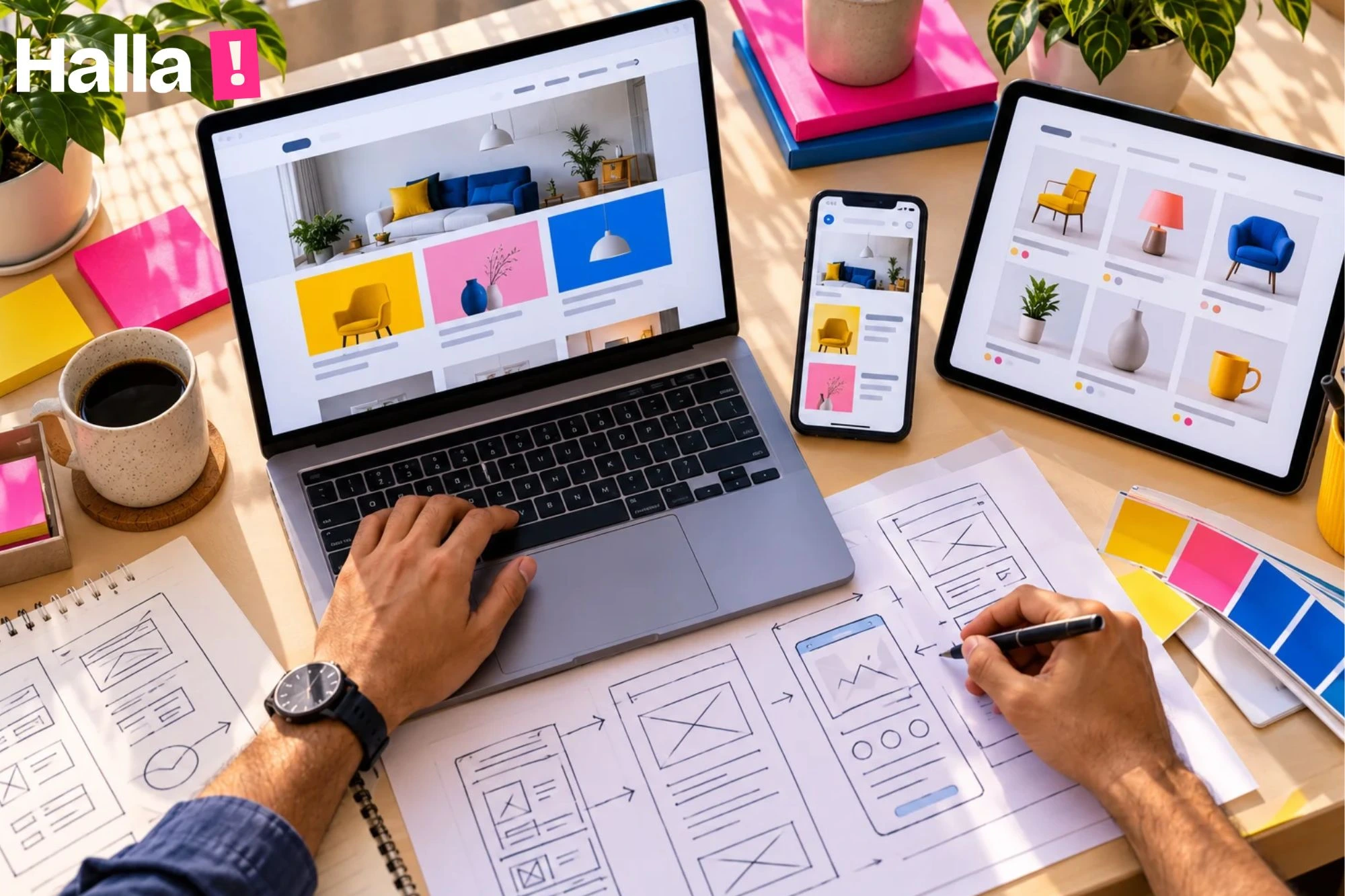 Designer's desk with a laptop showing a website layout, a phone displaying the mobile version, wireframe sketches and a small online store product page