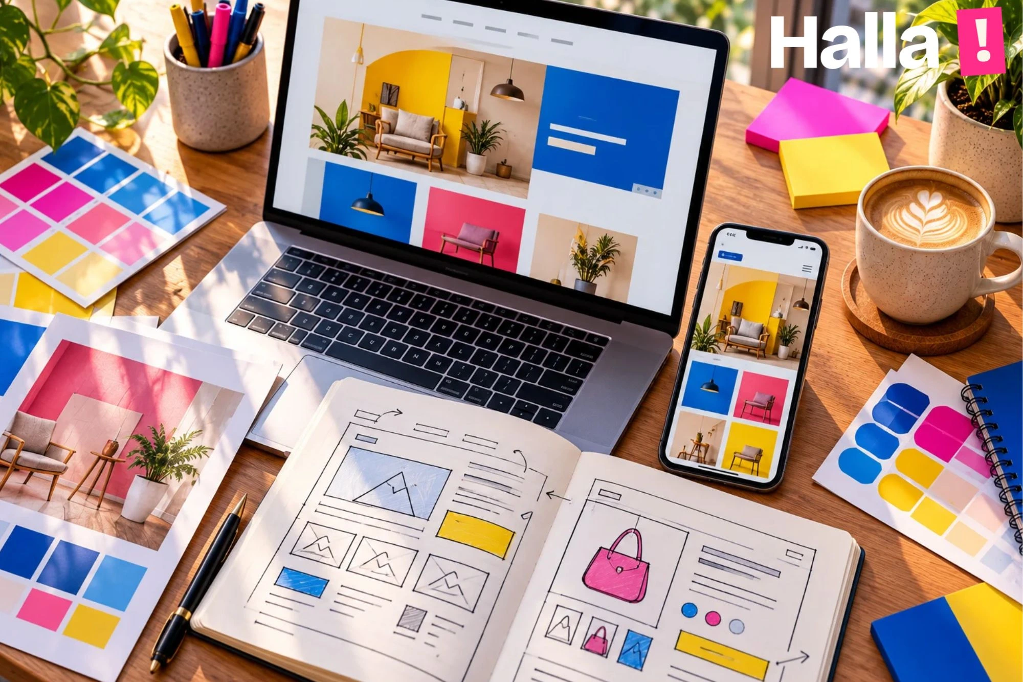 Web designer desk with a laptop showing a clean website layout, a phone showing the mobile version, colour swatches, a product page sketch and sticky notes
