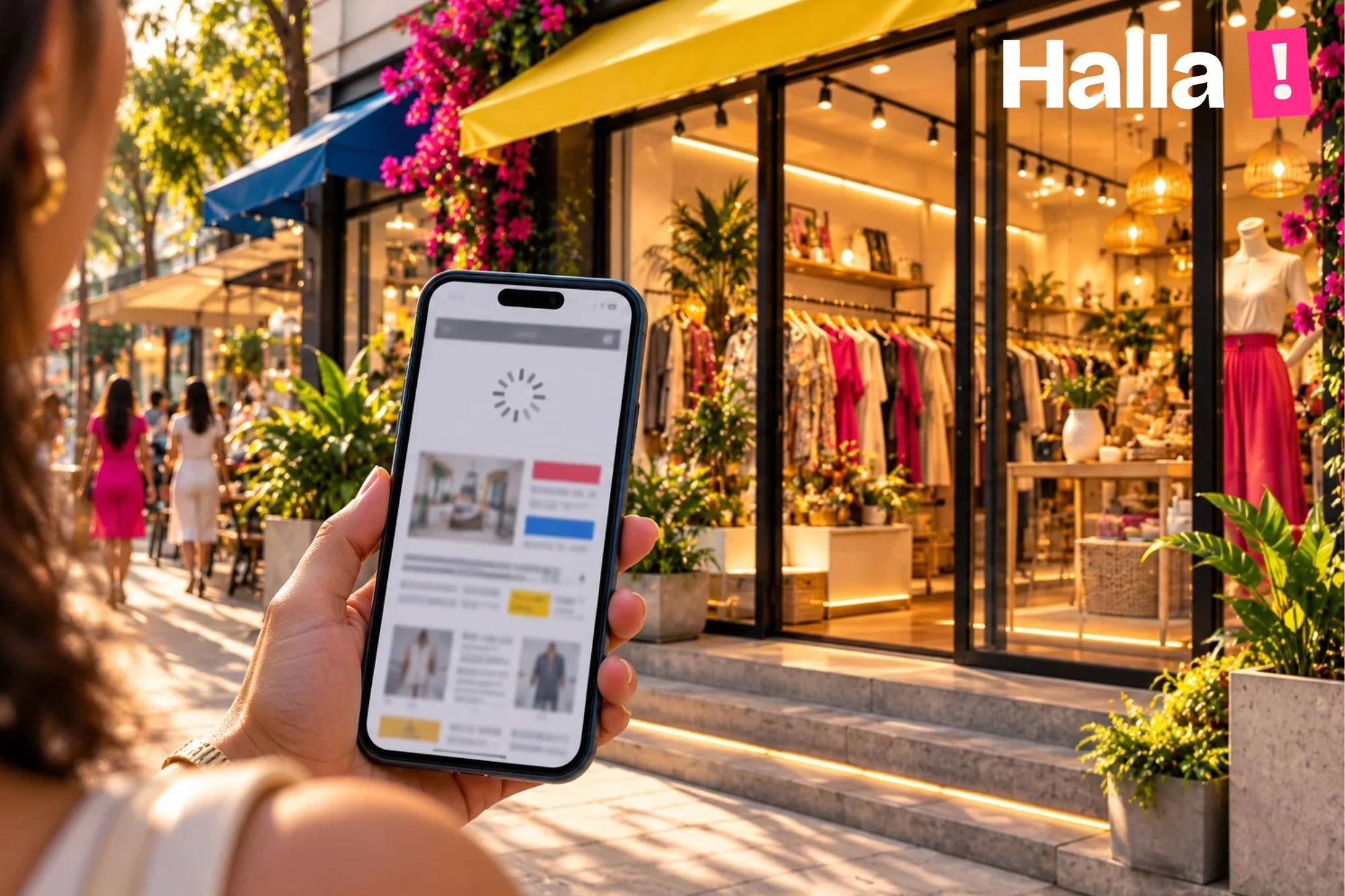 Stylish Bandra boutique storefront at golden hour with a hand holding a phone in front of it, the phone showing a plain slow-loading website