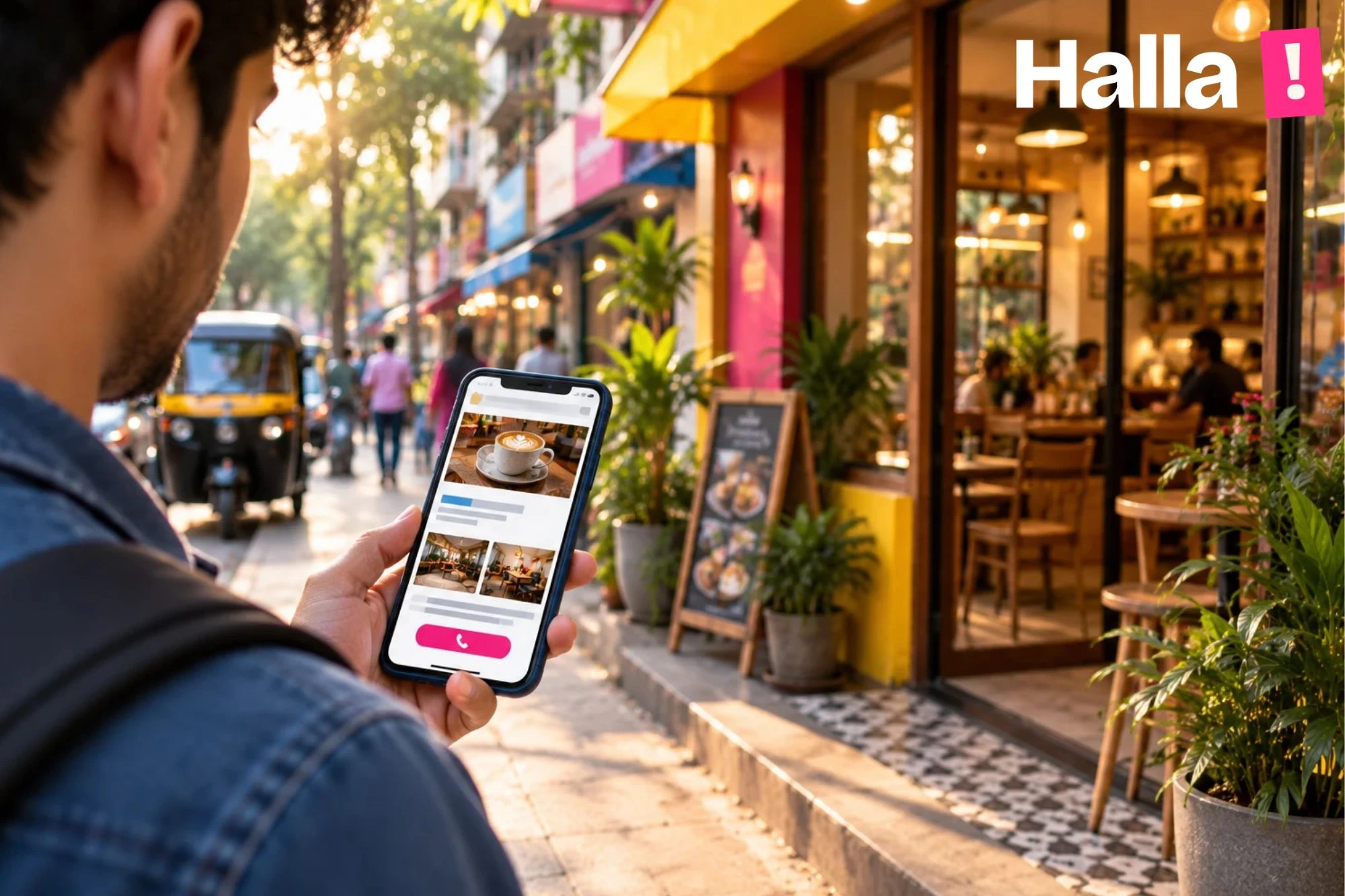 Person standing outside a small Borivali cafe entrance checking a clean mobile website on a smartphone before deciding to walk in
