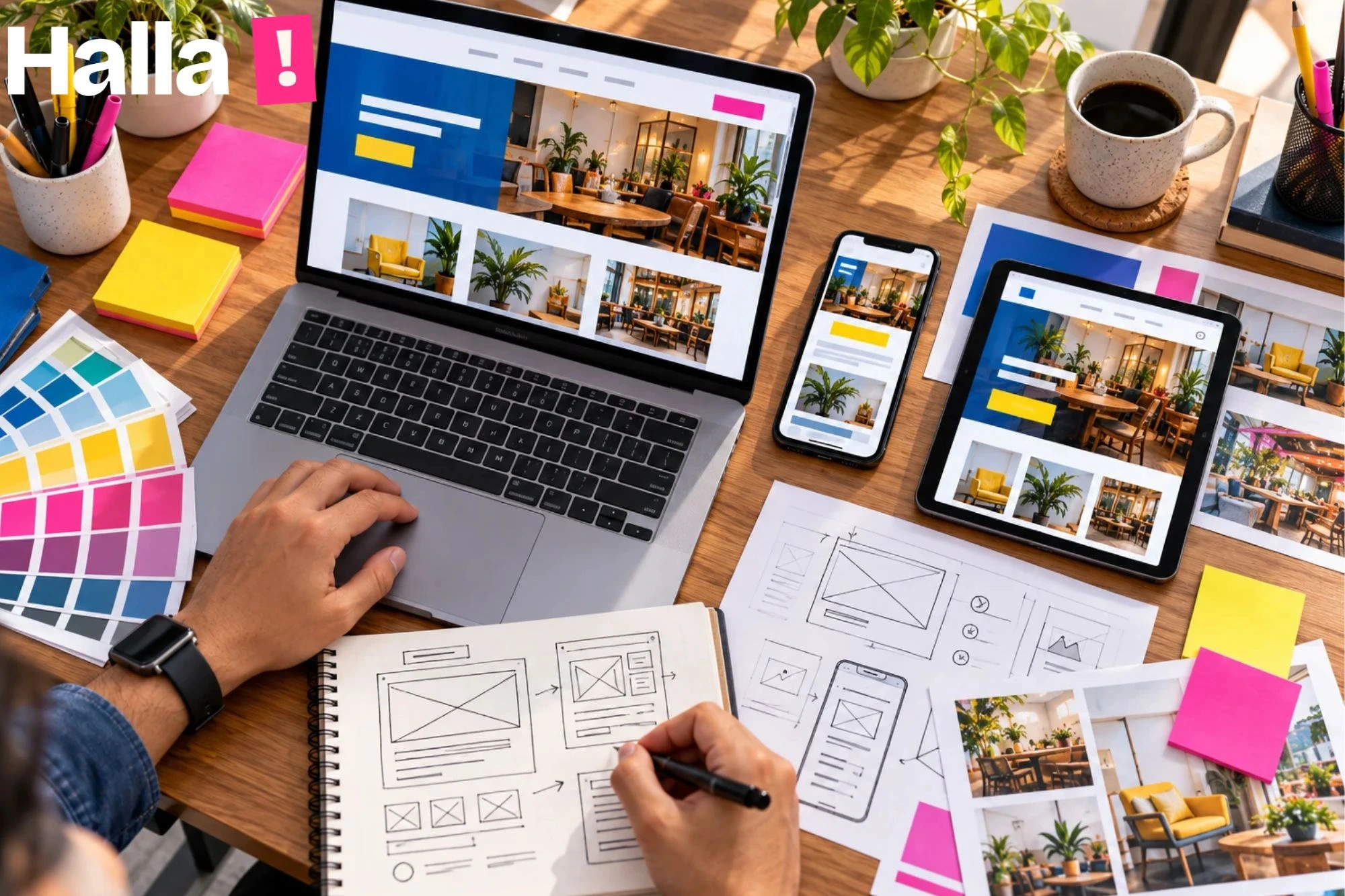 Web developer workbench with a laptop showing a site layout in progress, a phone and tablet showing the mobile versions, wireframe sketches and sticky notes