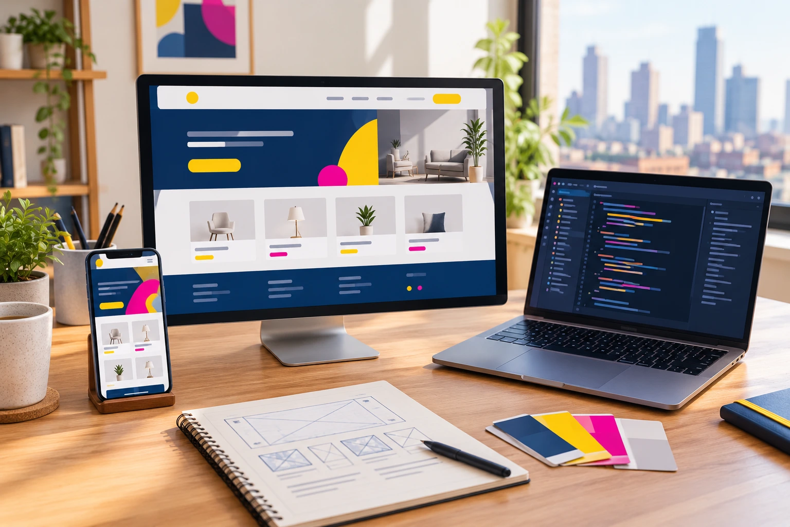 Desk with a monitor showing a modern website design, a laptop with code and a phone with the mobile version