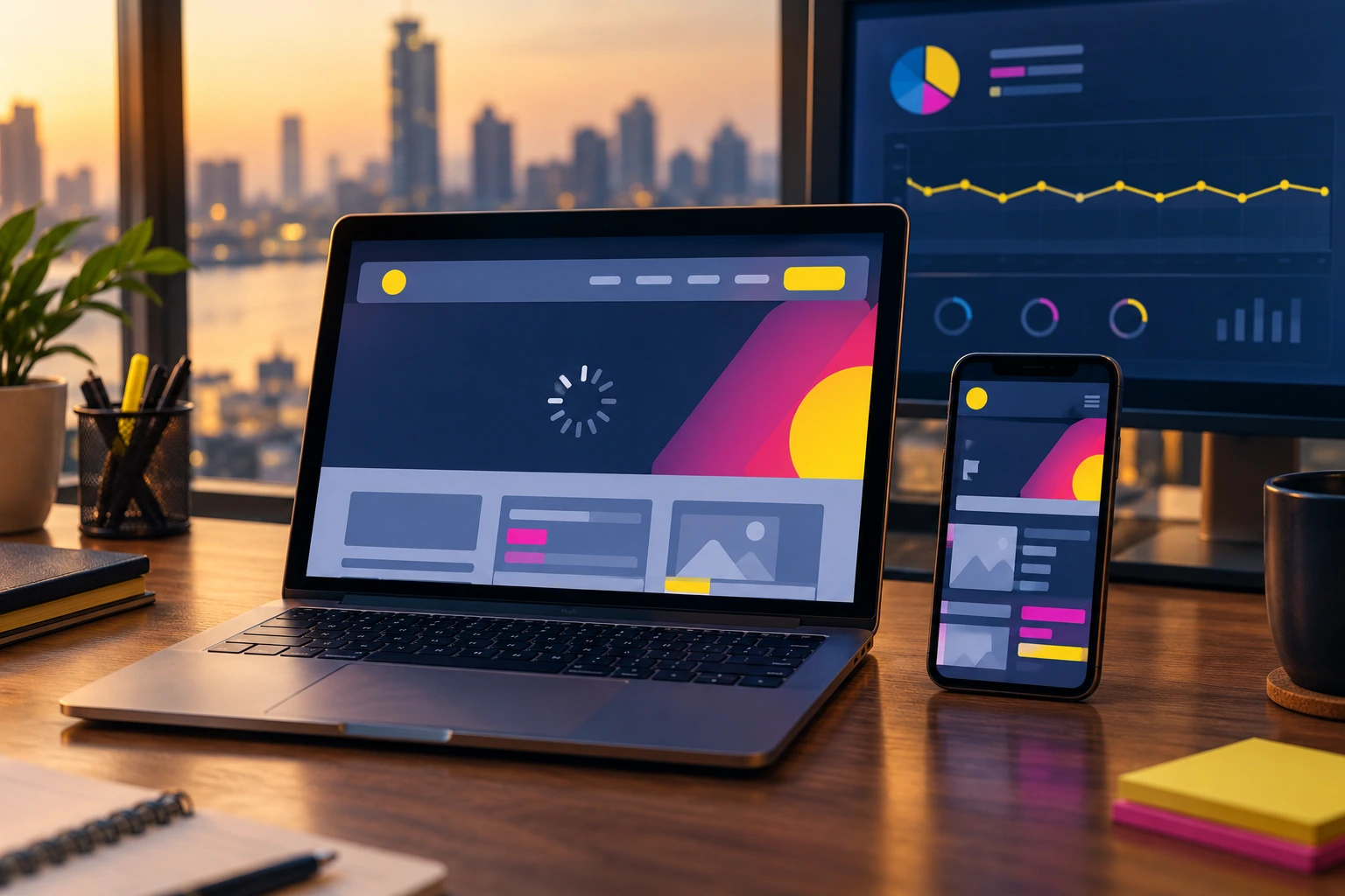 Laptop showing a website stuck loading, beside a phone with a broken layout and a flat analytics chart